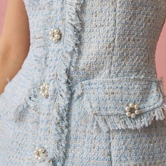 Baby Blue Elegant Women's Pearl Buttons Decor Ruffle Hem Sleeveless Mini Dress - Picture 3 of 8